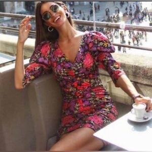 Zara Bloggers Fav Satin Floral Puff Shoulder Mini Dress